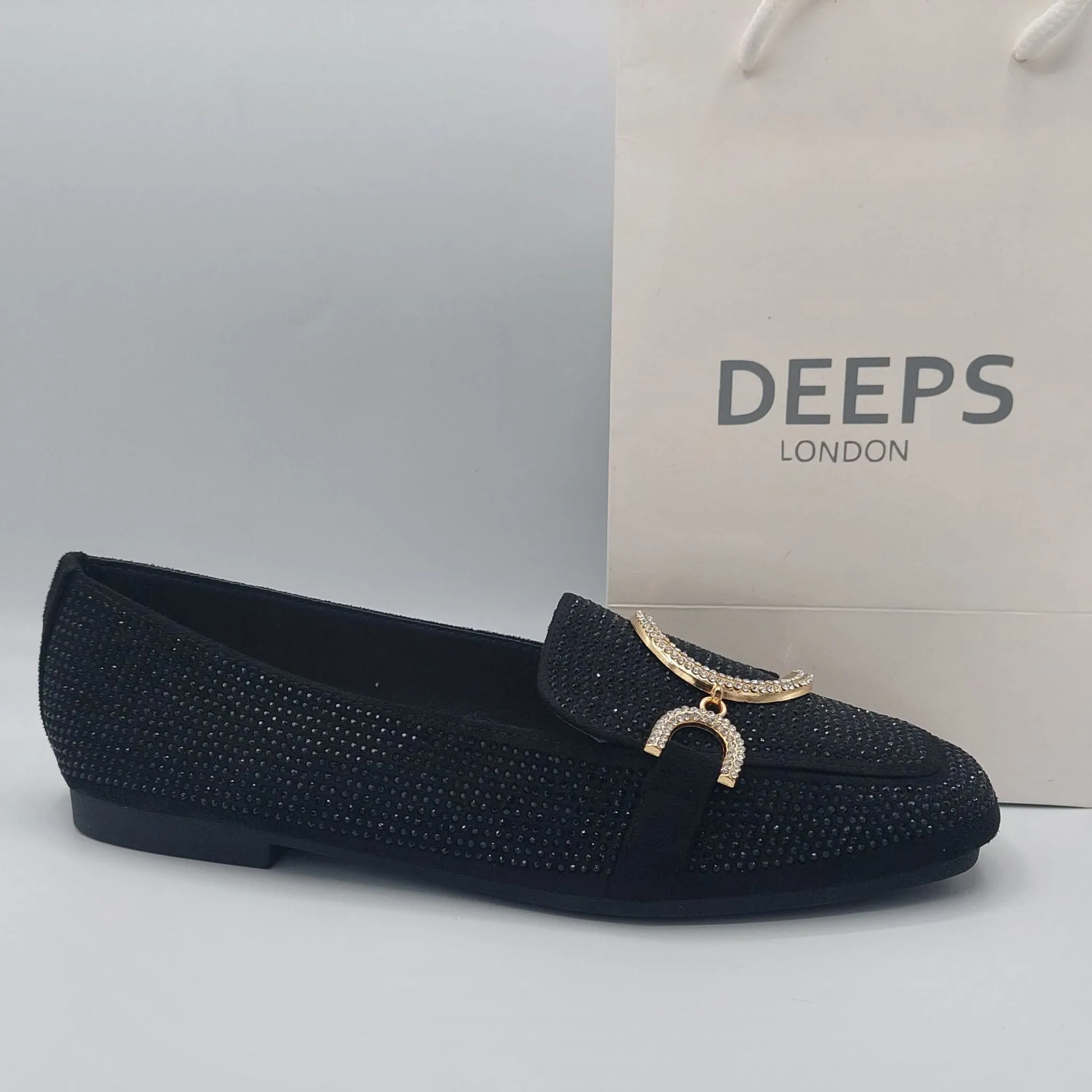 VEX WOMEN'S DIAMANTE GLITTER LOAFERS FLATS WITH GOLD METAL DECOR