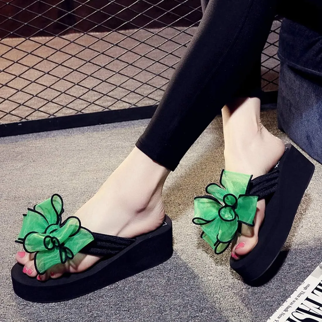VOKLIN Women's Fashion Bohemian Bowknot Wedge Flipflops Sandals Comfort Nonslip Platform Summer Beach Sandal