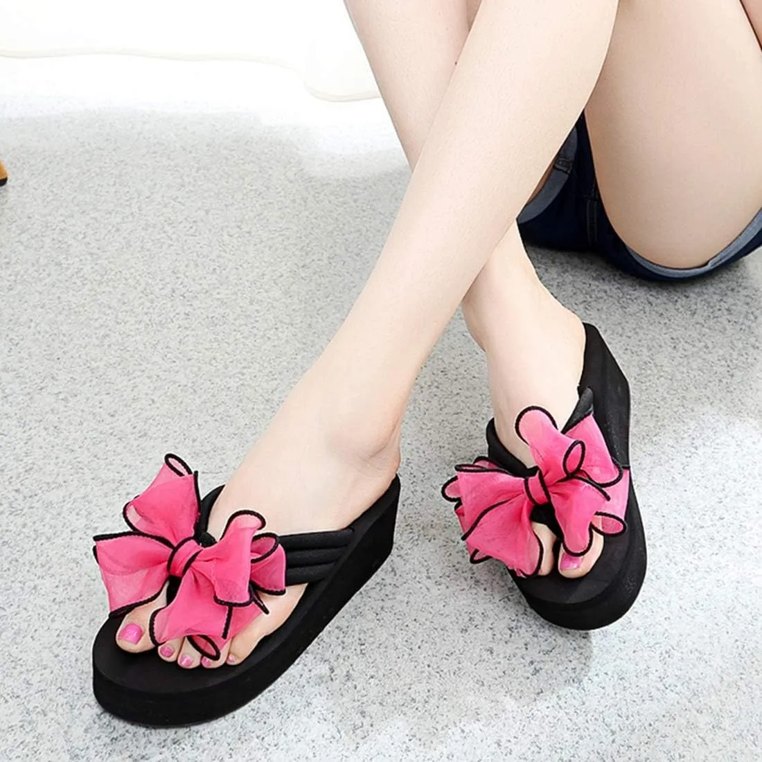 VOKLIN Women's Fashion Bohemian Bowknot Wedge Flipflops Sandals Comfort Nonslip Platform Summer Beach Sandal