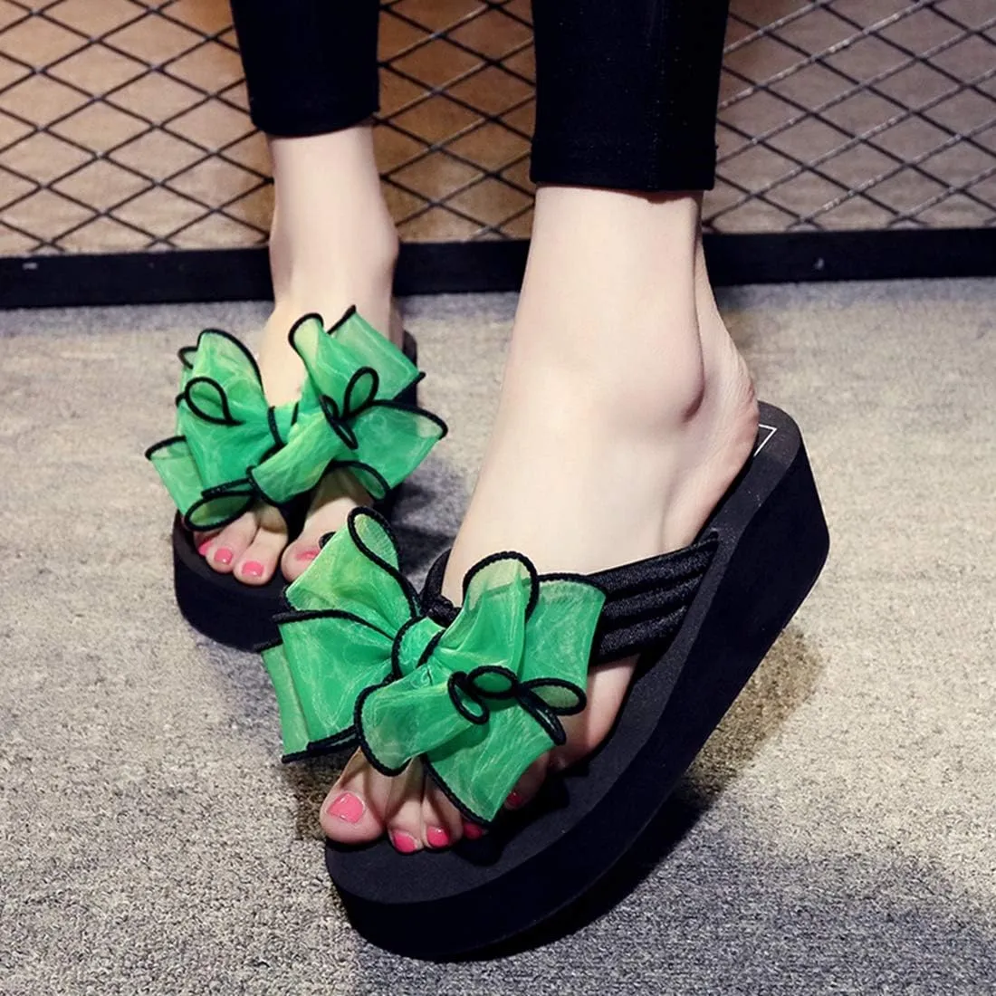 VOKLIN Women's Fashion Bohemian Bowknot Wedge Flipflops Sandals Comfort Nonslip Platform Summer Beach Sandal