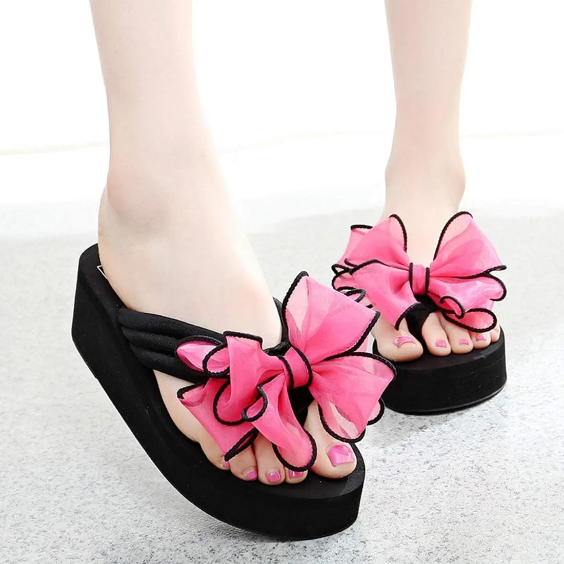 VOKLIN Women's Fashion Bohemian Bowknot Wedge Flipflops Sandals Comfort Nonslip Platform Summer Beach Sandal