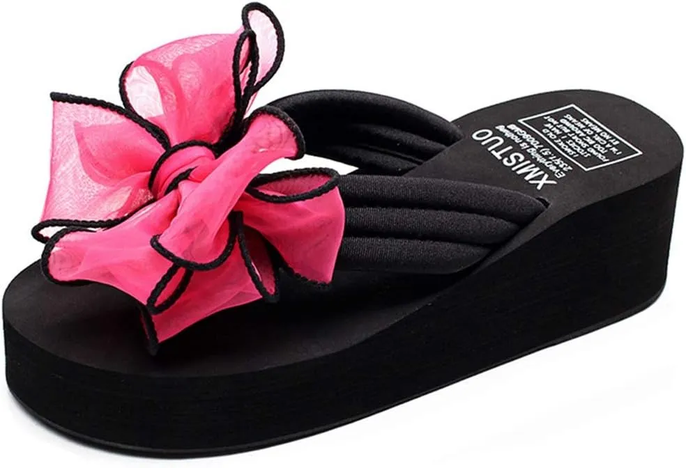 VOKLIN Women's Fashion Bohemian Bowknot Wedge Flipflops Sandals Comfort Nonslip Platform Summer Beach Sandal