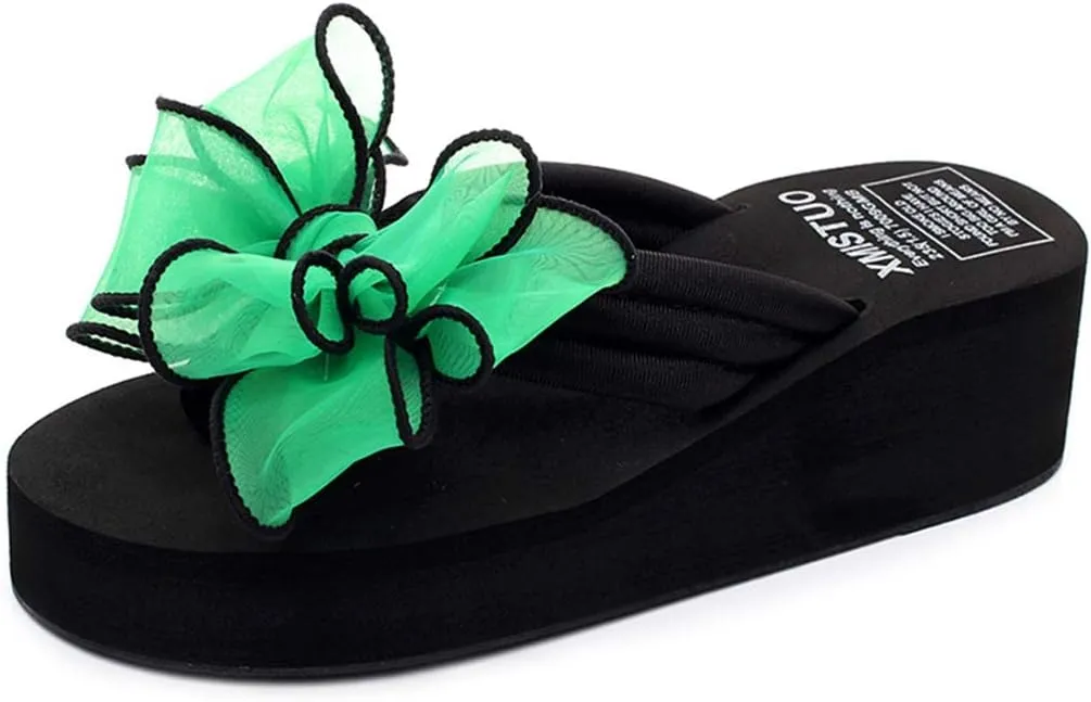 VOKLIN Women's Fashion Bohemian Bowknot Wedge Flipflops Sandals Comfort Nonslip Platform Summer Beach Sandal