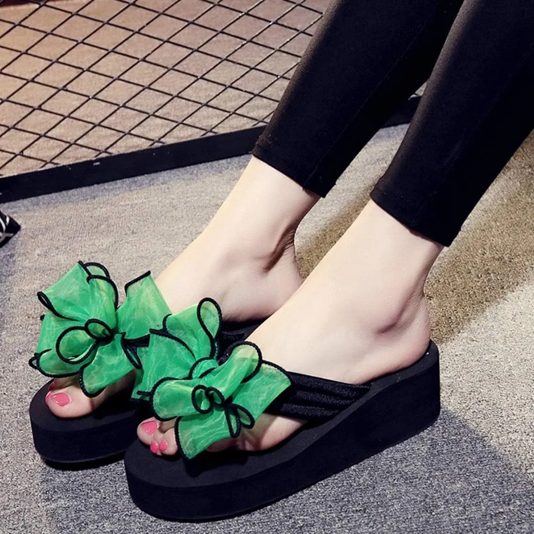 VOKLIN Women's Fashion Bohemian Bowknot Wedge Flipflops Sandals Comfort Nonslip Platform Summer Beach Sandal