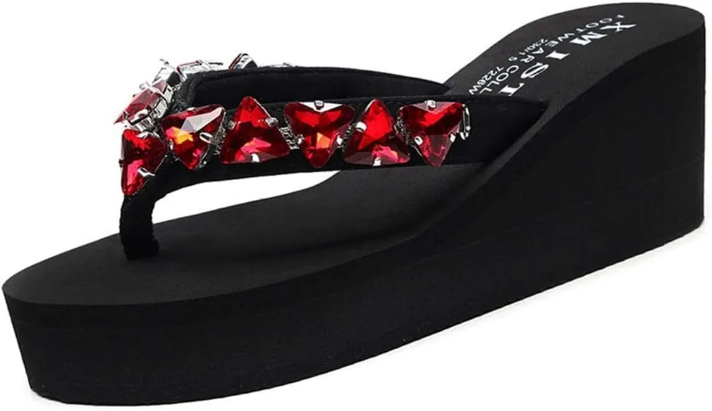 VOKLIN Women's Wedge High Heel Flipflops Sparkly Rhinestone Summer Platform Anti-Slip Beach Thong Sandals