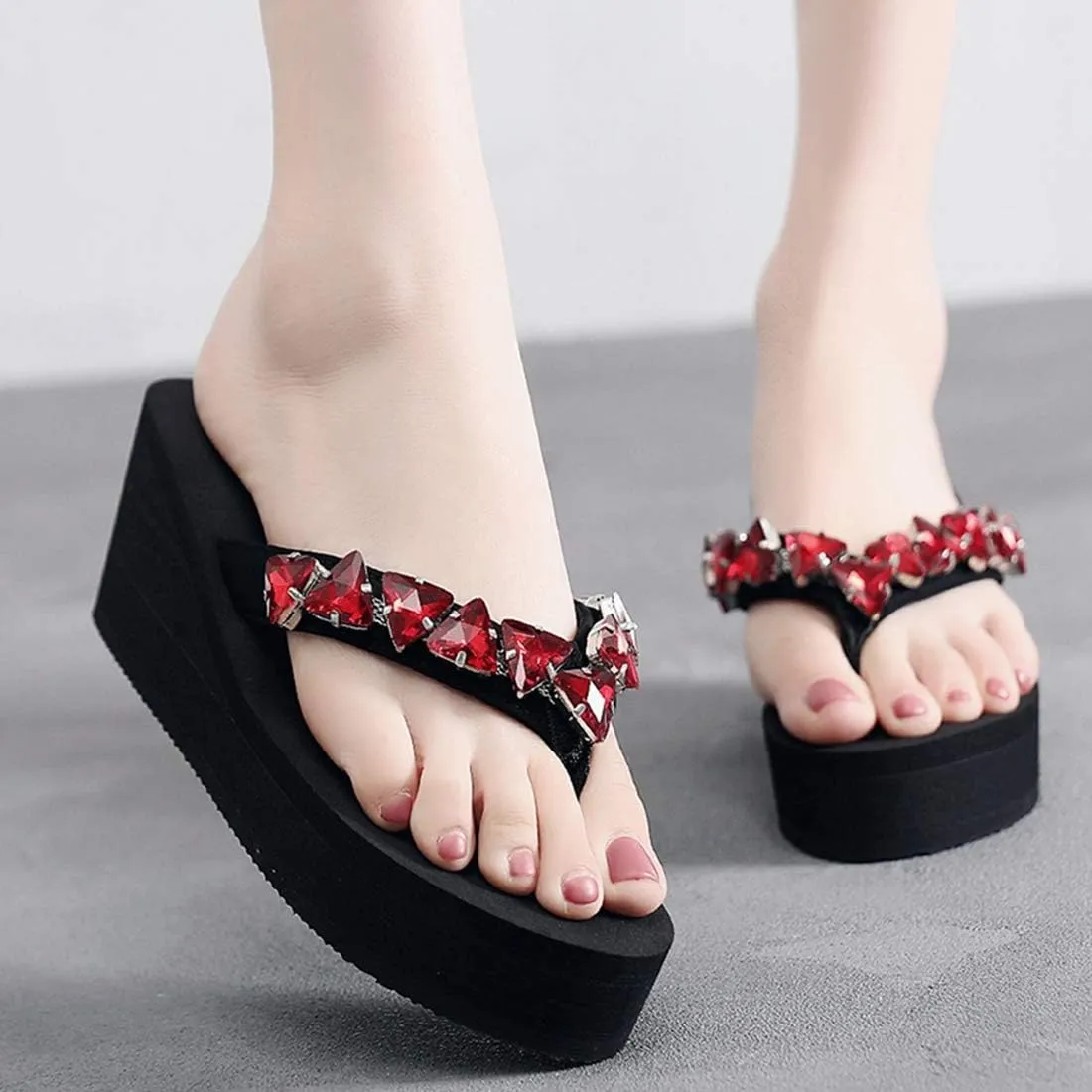 VOKLIN Women's Wedge High Heel Flipflops Sparkly Rhinestone Summer Platform Anti-Slip Beach Thong Sandals