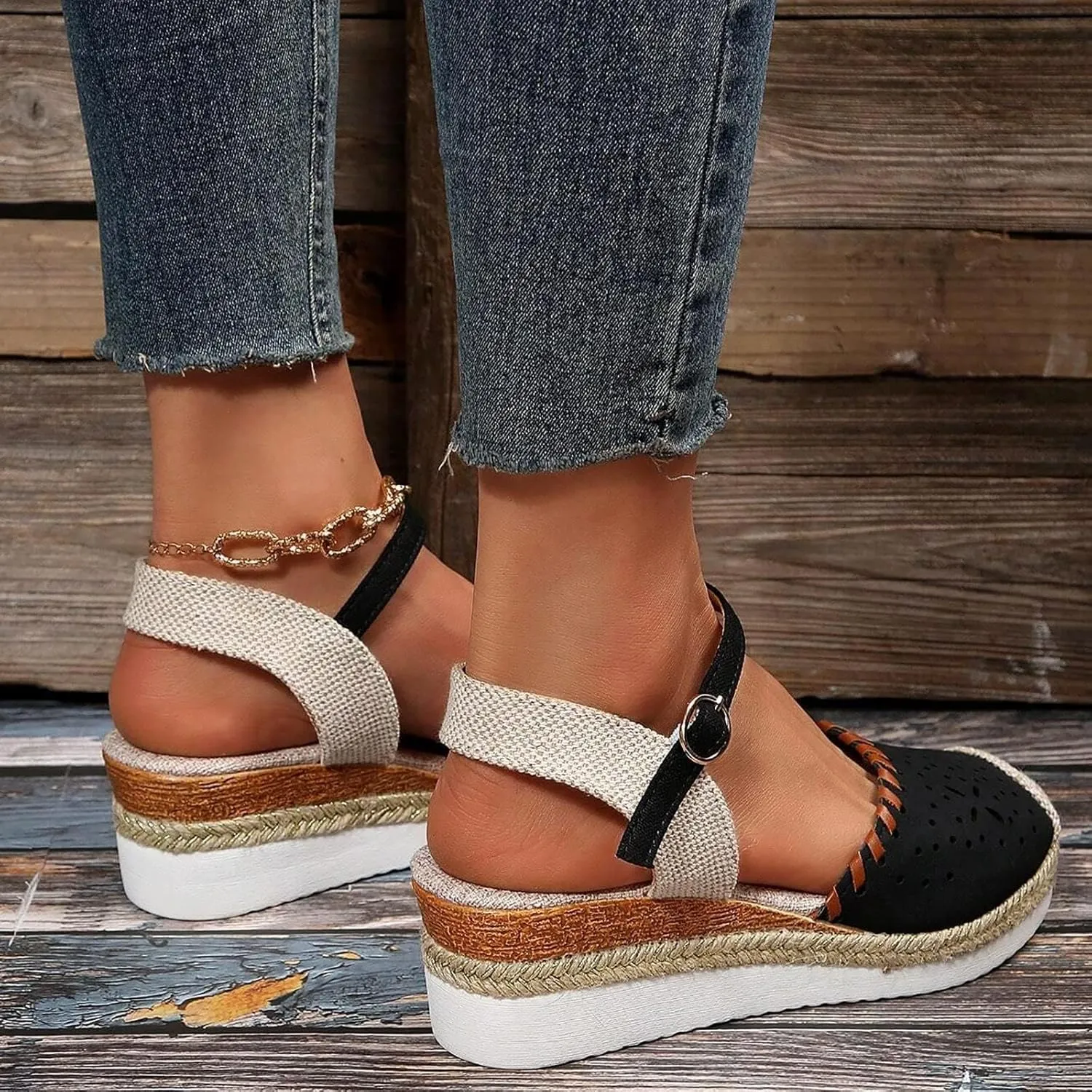 Wedge Sandals for Women Summer Arch Support Orthopedic Sandals, Hollow Open Toe Breathable Sandal Comfortable Ankle Strap Platform Sandal Slip on Outdoor Shoes