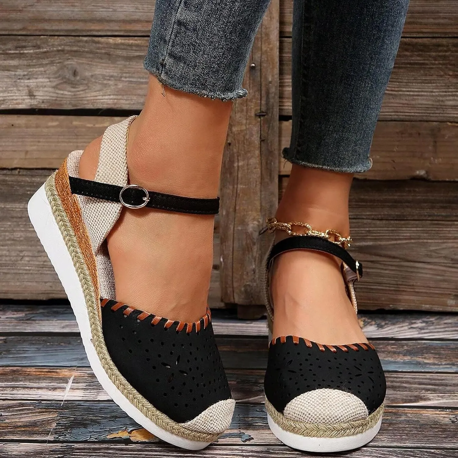 Wedge Sandals for Women Summer Arch Support Orthopedic Sandals, Hollow Open Toe Breathable Sandal Comfortable Ankle Strap Platform Sandal Slip on Outdoor Shoes