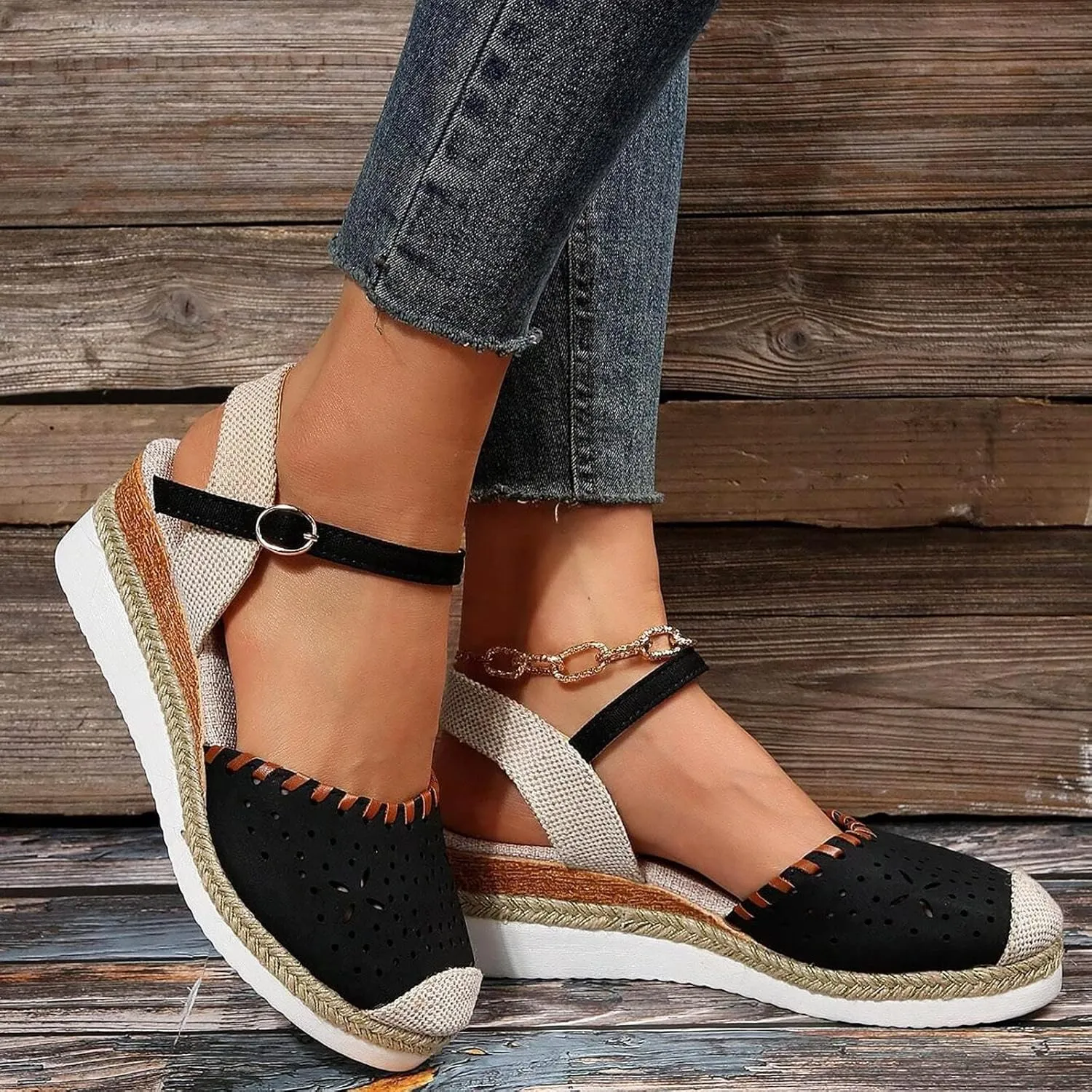 Wedge Sandals for Women Summer Arch Support Orthopedic Sandals, Hollow Open Toe Breathable Sandal Comfortable Ankle Strap Platform Sandal Slip on Outdoor Shoes