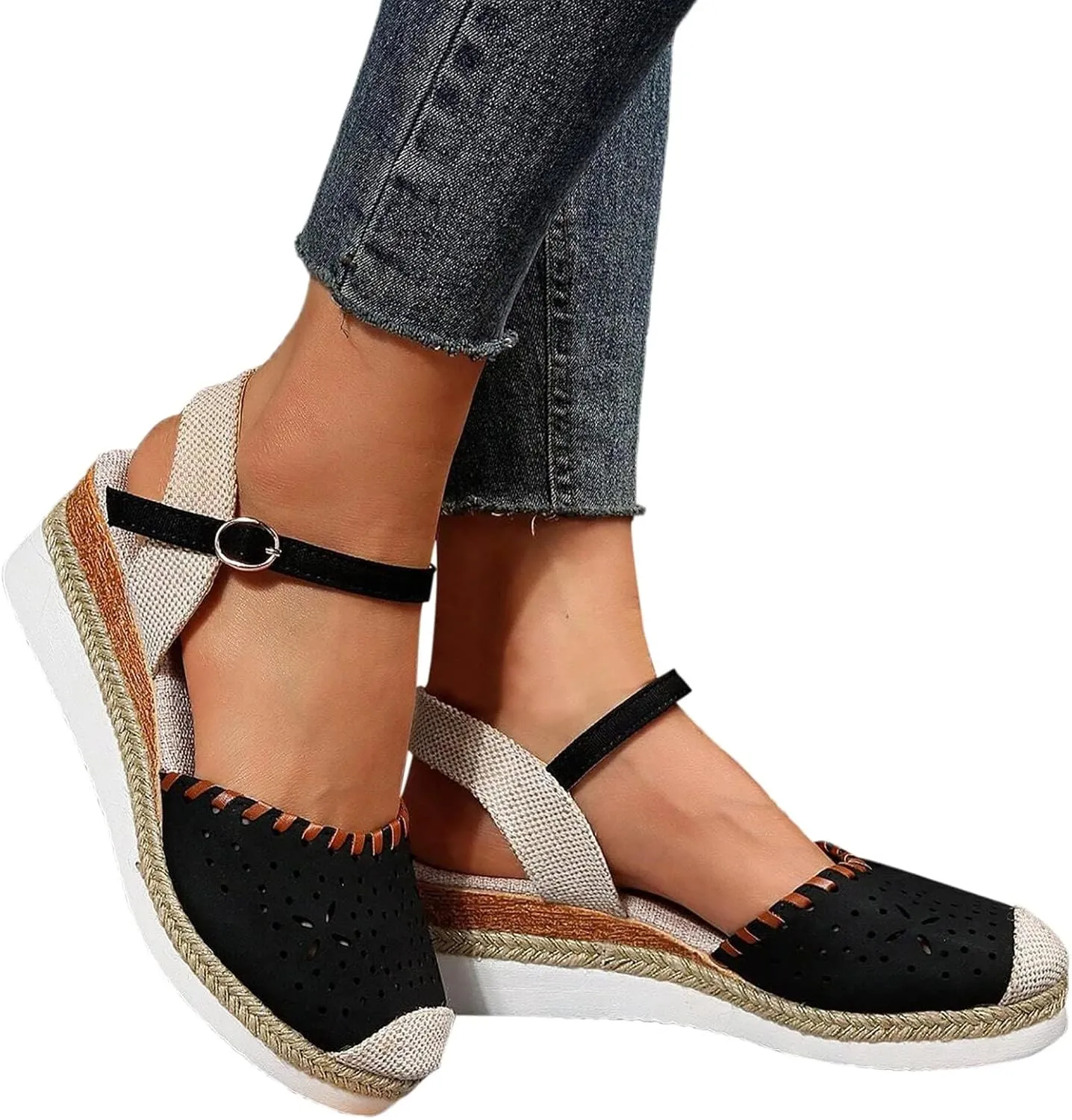 Wedge Sandals for Women Summer Arch Support Orthopedic Sandals, Hollow Open Toe Breathable Sandal Comfortable Ankle Strap Platform Sandal Slip on Outdoor Shoes