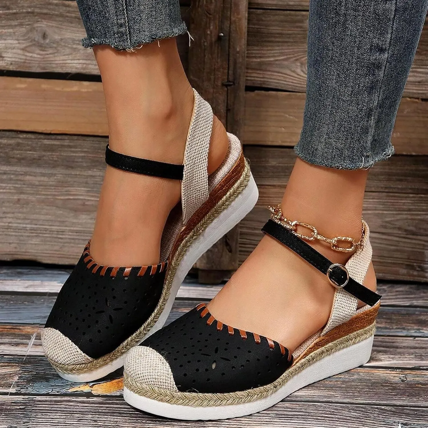 Wedge Sandals for Women Summer Arch Support Orthopedic Sandals, Hollow Open Toe Breathable Sandal Comfortable Ankle Strap Platform Sandal Slip on Outdoor Shoes