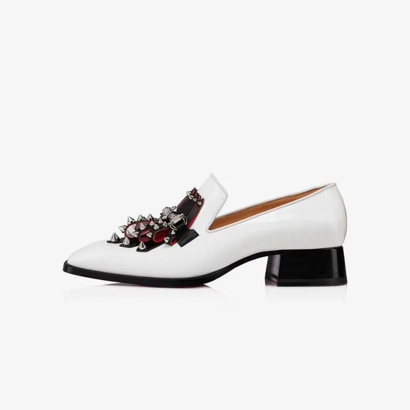 White Leather Loafers Rivets Square Toe Heels