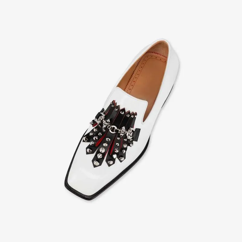White Leather Loafers Rivets Square Toe Heels