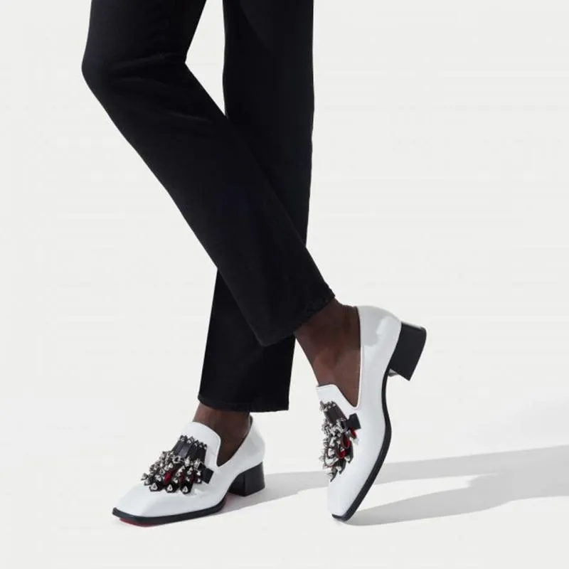 White Leather Loafers Rivets Square Toe Heels