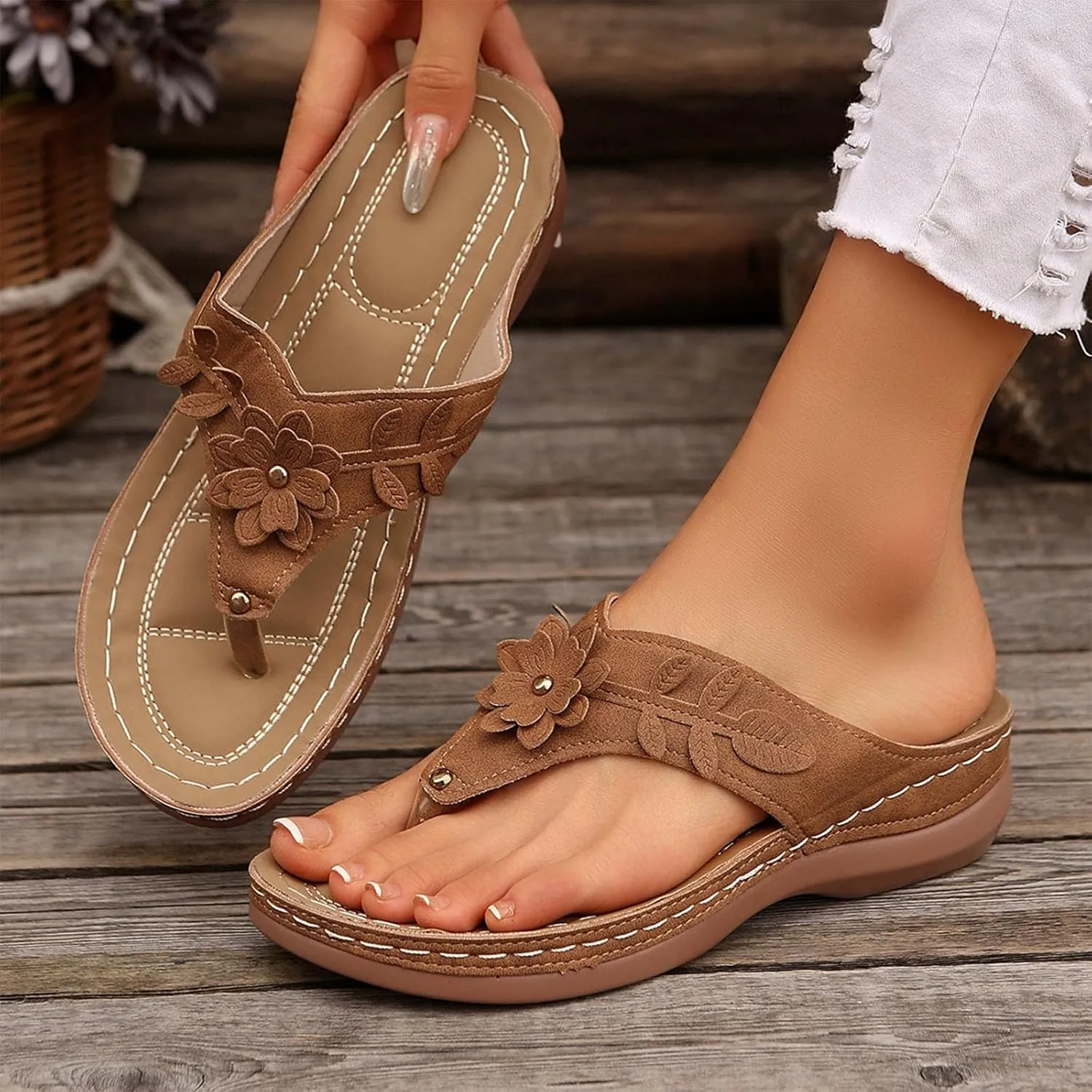Womens Arch Support Flip Flop Sandals Casual Dressy Slip On Thong Sandals Cute Flower Open Toe Wedge Walking Slides
