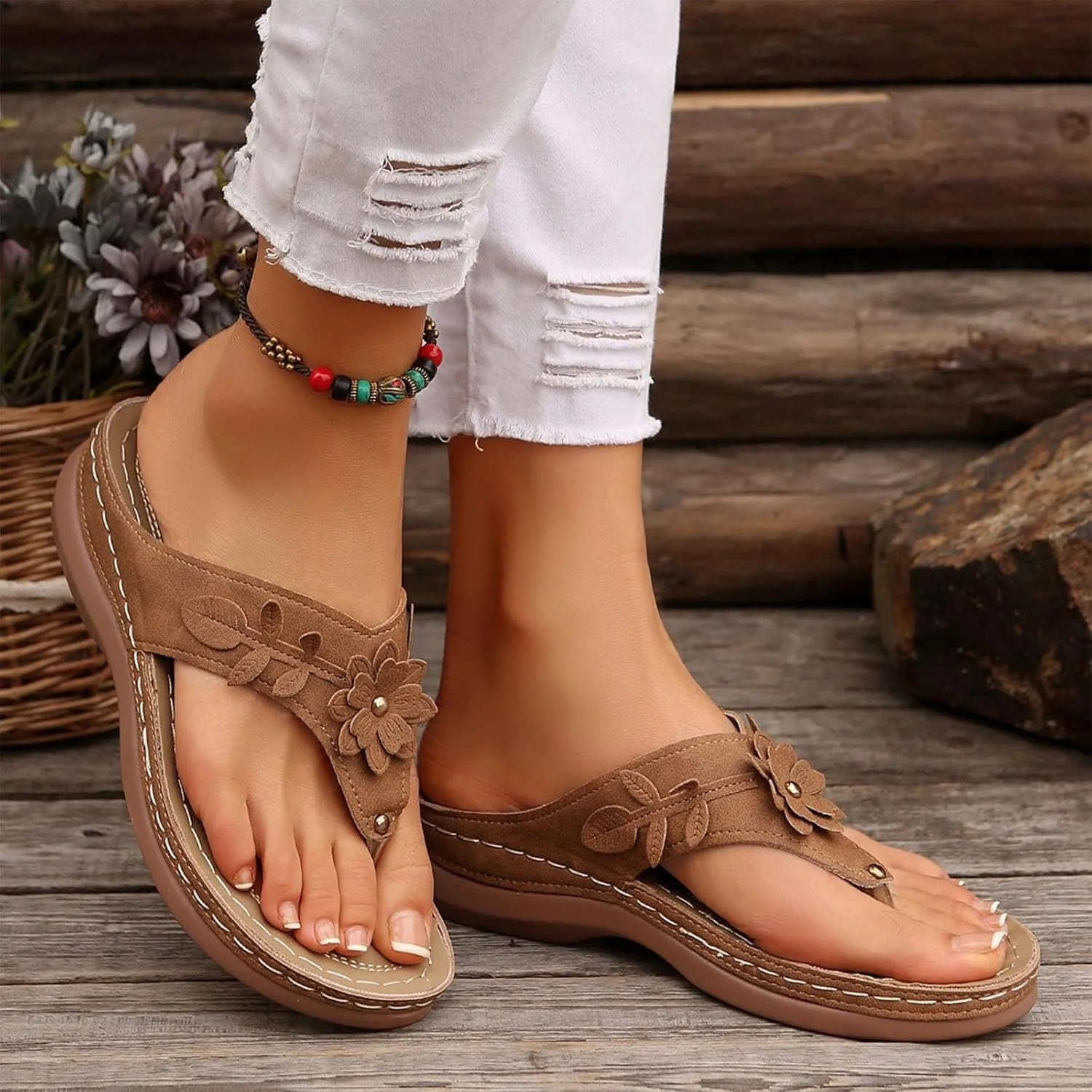 Womens Arch Support Flip Flop Sandals Casual Dressy Slip On Thong Sandals Cute Flower Open Toe Wedge Walking Slides