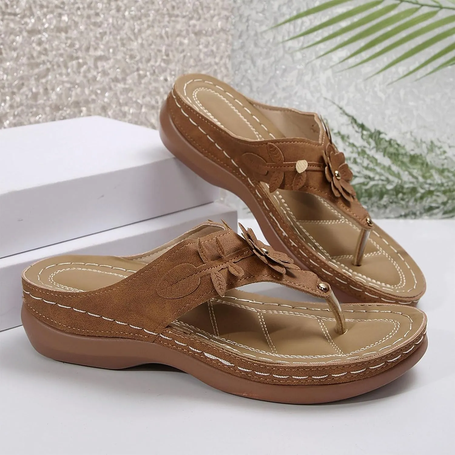Womens Arch Support Flip Flop Sandals Casual Dressy Slip On Thong Sandals Cute Flower Open Toe Wedge Walking Slides