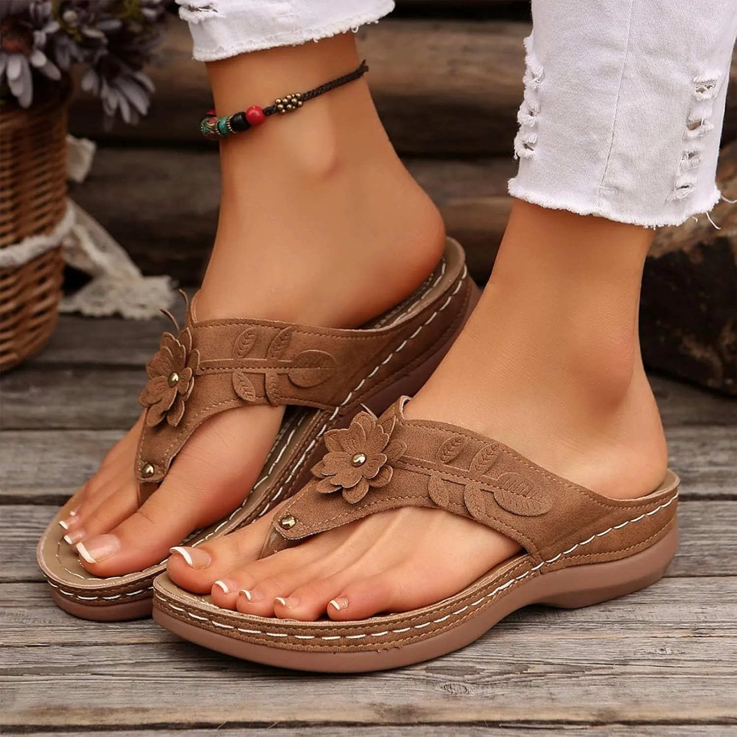 Womens Arch Support Flip Flop Sandals Casual Dressy Slip On Thong Sandals Cute Flower Open Toe Wedge Walking Slides