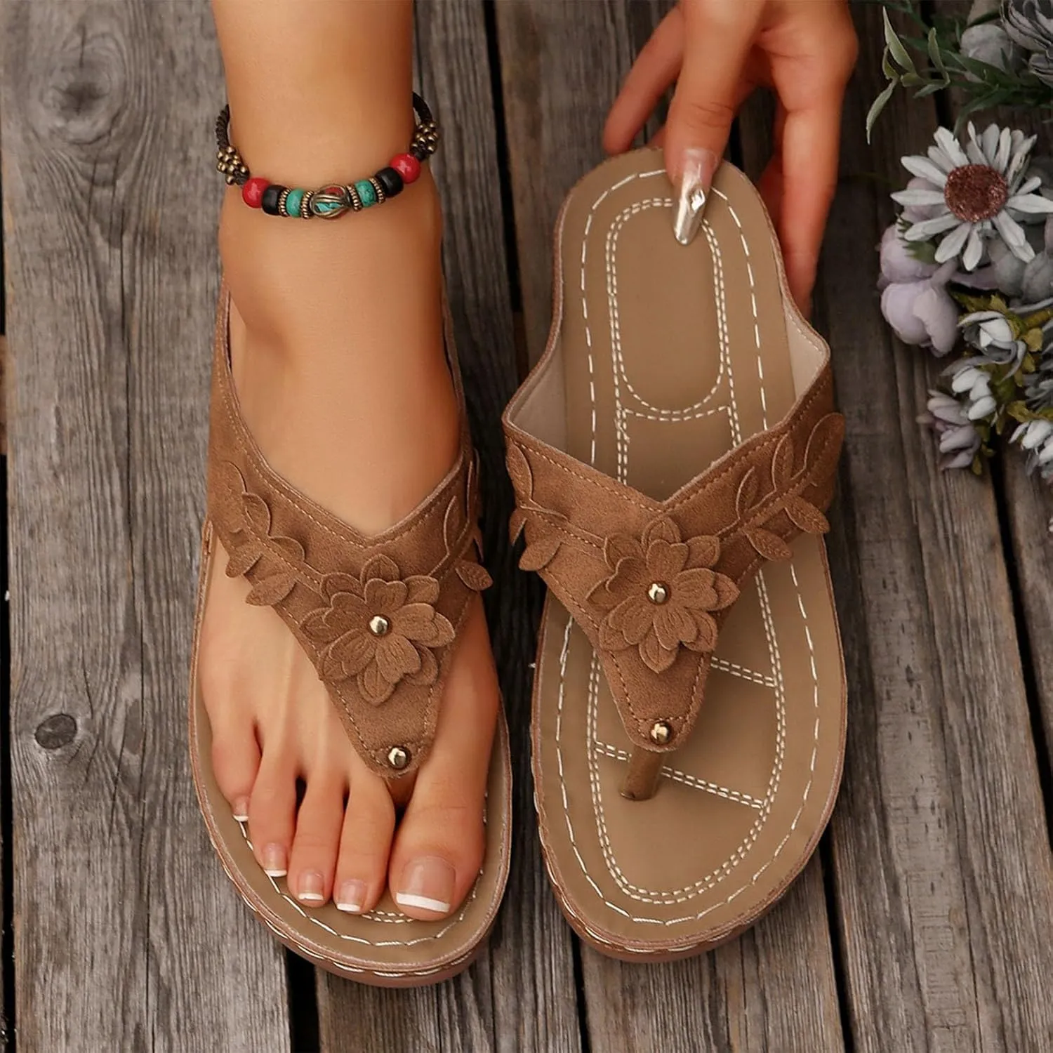 Womens Arch Support Flip Flop Sandals Casual Dressy Slip On Thong Sandals Cute Flower Open Toe Wedge Walking Slides