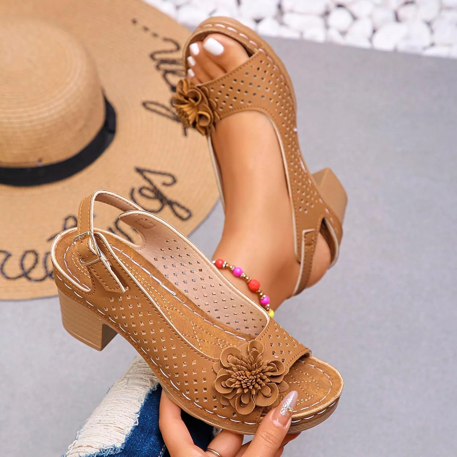 Womens Chunky High Block Heels Fish Mouth Flowers Sandals 2025 Summer Casual Ankle Strap Hollow Out Platform Wedge Sandal