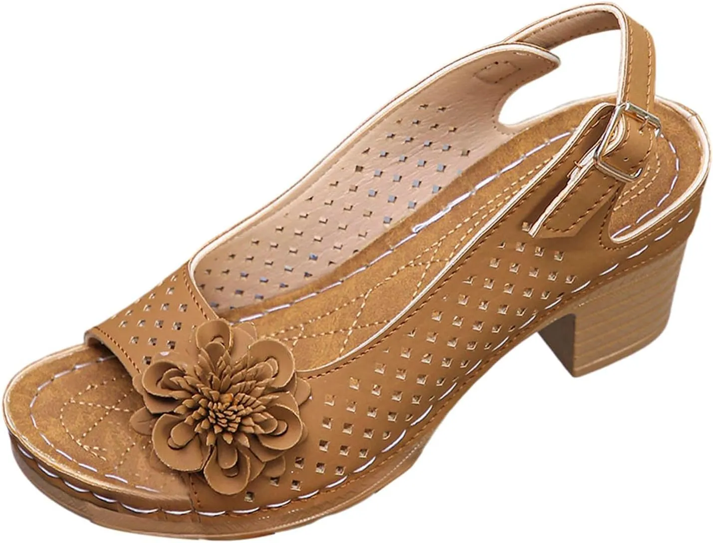 Womens Chunky High Block Heels Fish Mouth Flowers Sandals 2025 Summer Casual Ankle Strap Hollow Out Platform Wedge Sandal