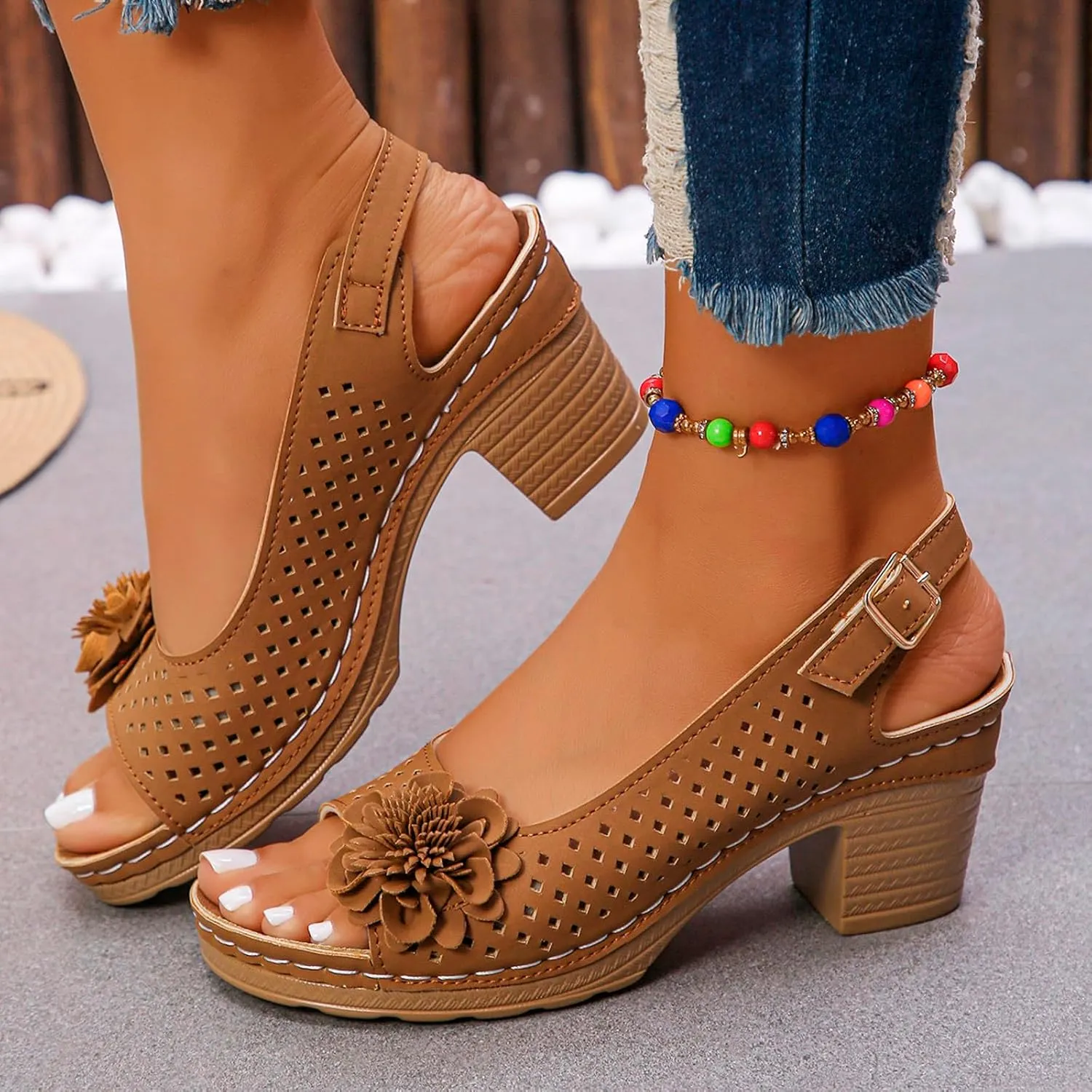 Womens Chunky High Block Heels Fish Mouth Flowers Sandals 2025 Summer Casual Ankle Strap Hollow Out Platform Wedge Sandal