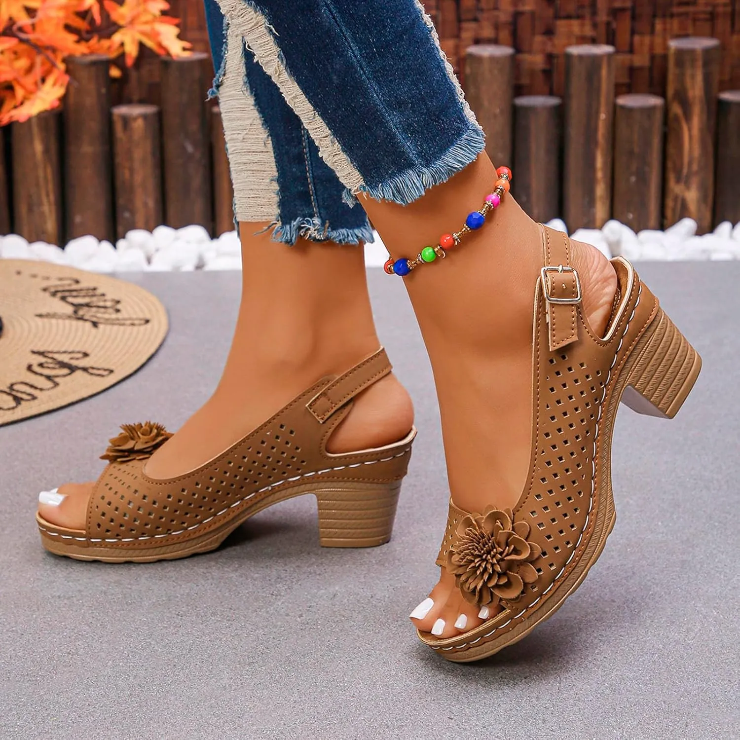 Womens Chunky High Block Heels Fish Mouth Flowers Sandals 2025 Summer Casual Ankle Strap Hollow Out Platform Wedge Sandal
