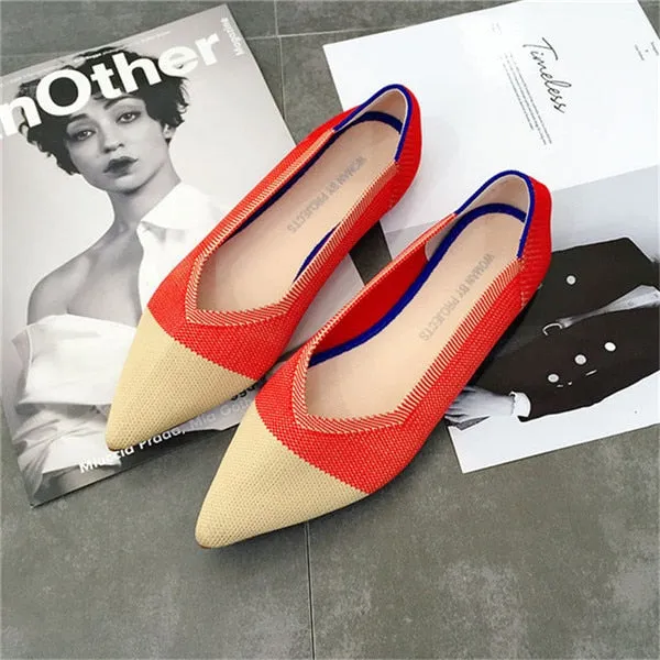 Women's Flat Shoes Ballet Shoes Breathable Knit Pointed Shoes Moccasin Mixed Color Women's Soft Shoes Women Zapatos