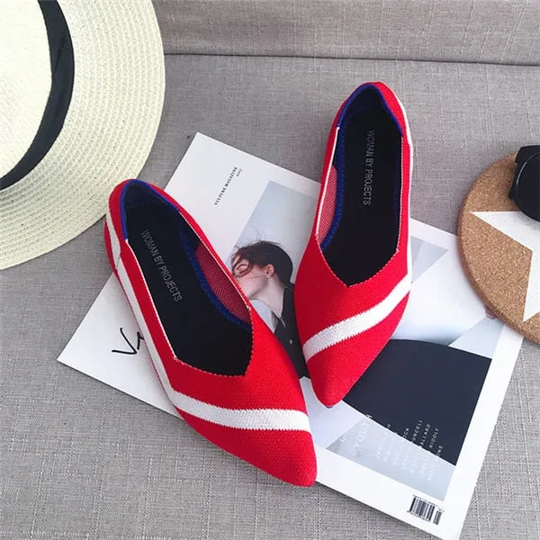 Women's Flat Shoes Ballet Shoes Breathable Knit Pointed Shoes Moccasin Mixed Color Women's Soft Shoes Women Zapatos