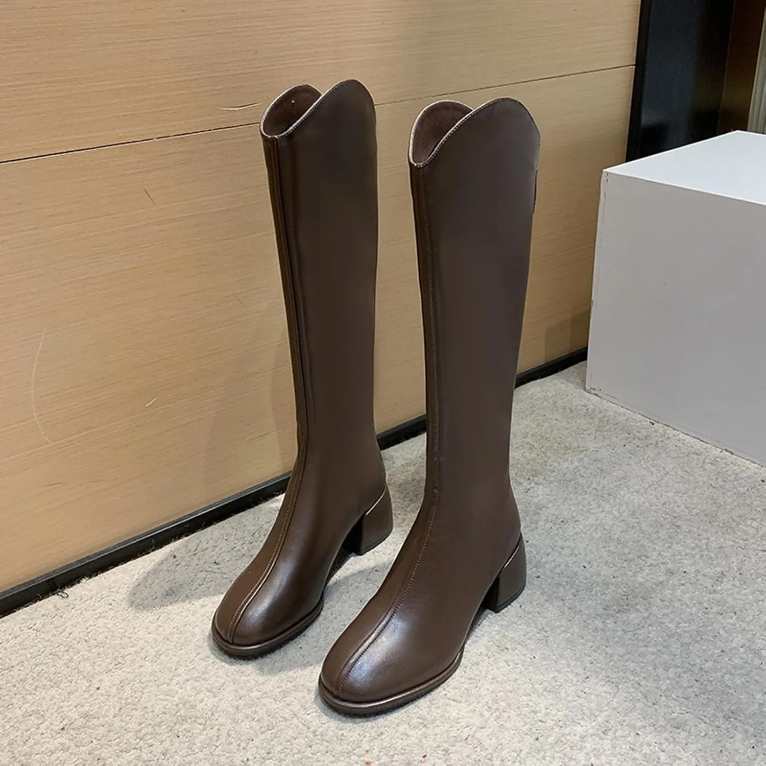 Women's Knee High Boots Chunky Block Heel Square Toe Tall Riding Boots Back Zipper Fashion PU Slim Fit Leg Booties