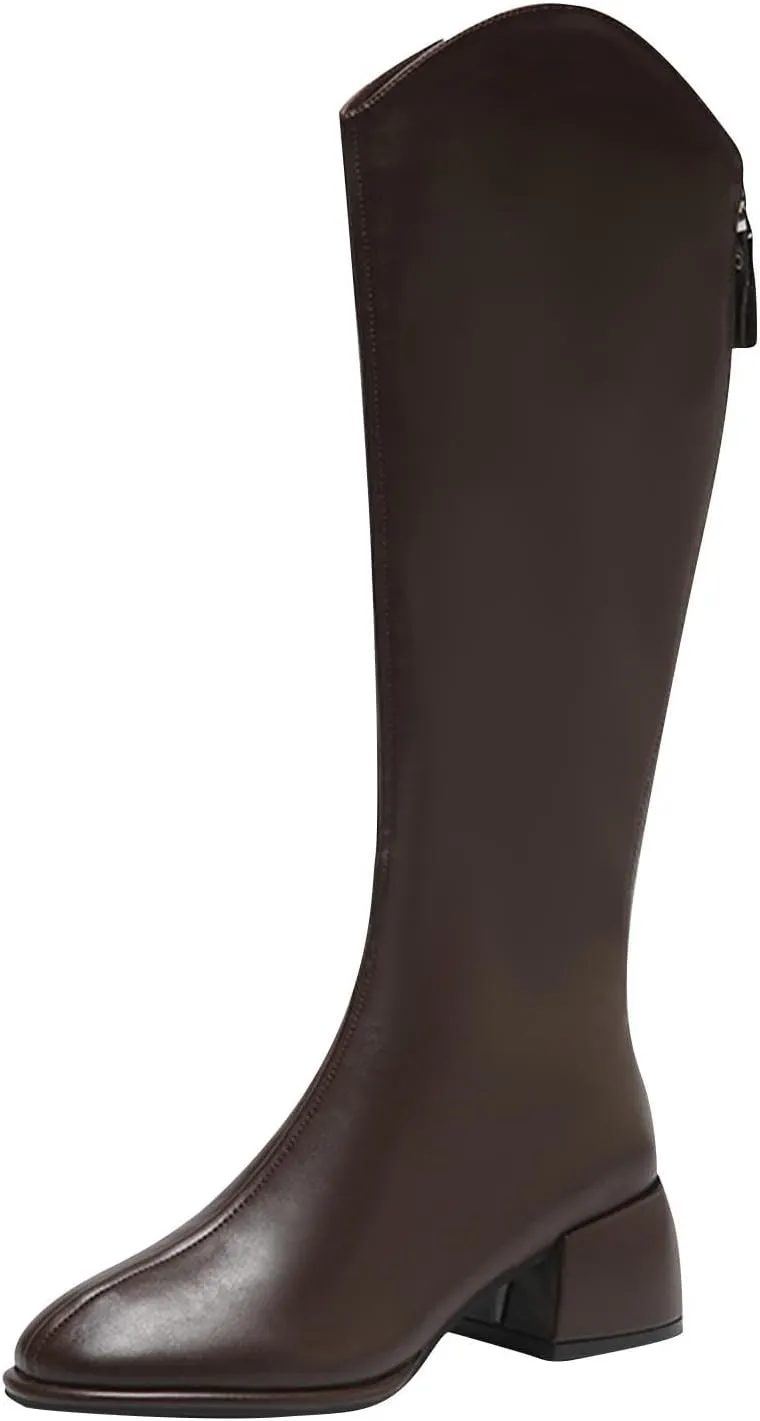 Women's Knee High Boots Chunky Block Heel Square Toe Tall Riding Boots Back Zipper Fashion PU Slim Fit Leg Booties