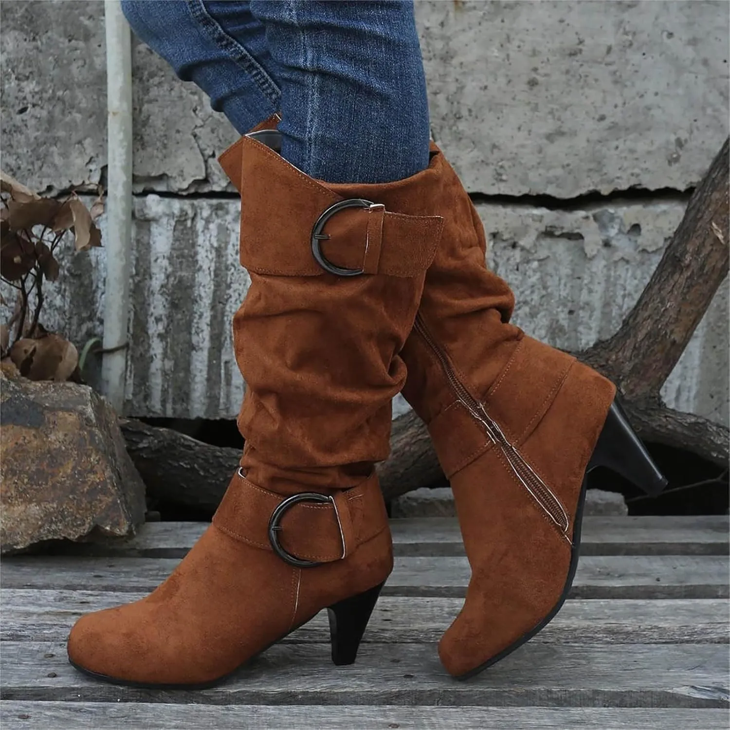Women's Knee High Boots Fashion Chunky Block Heel Warm Winter Boots with Side Zippers Slouchy Mid-Calf Boots Shoes