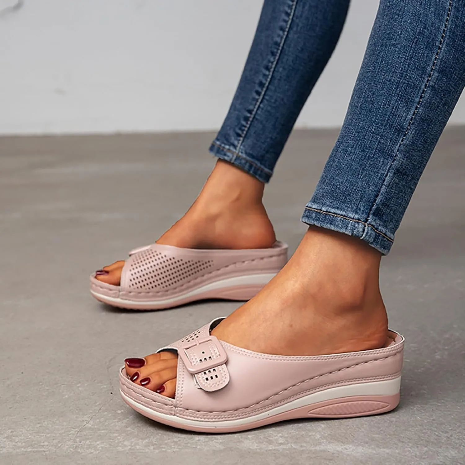 Womens Orthopedic Sandals Arch Support Summer Fashion Flower Open Toe Leather Mesh Comfy Wedge Platform Slip Slide Dressy Mules Beach Walking Casual