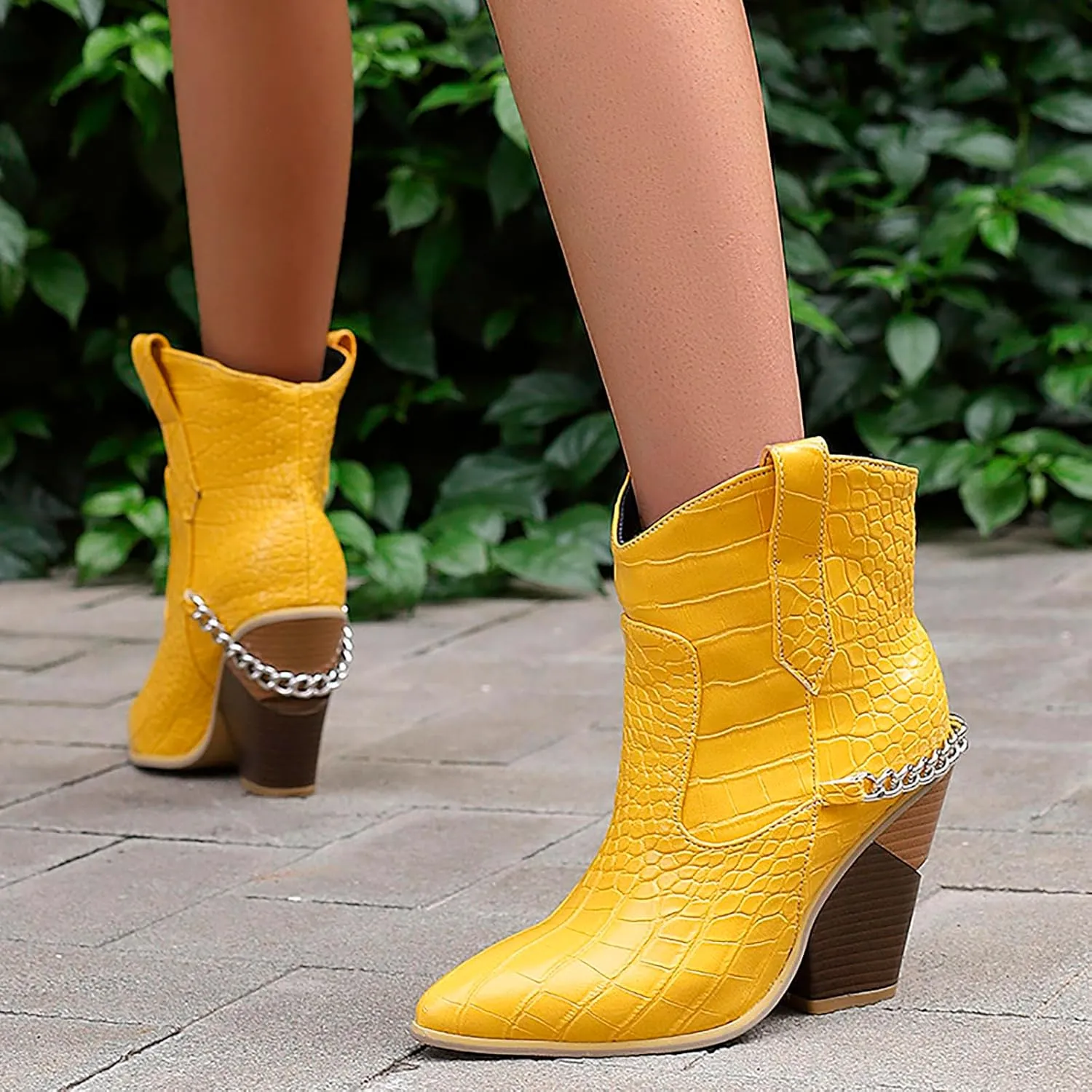 Women's Pointed Toe Ankle Boots Stacked Chunky Block Heel Breathable PU-Leather Booties 2023 Fall Fashion Ladies Slip on Cowboy Western Boots