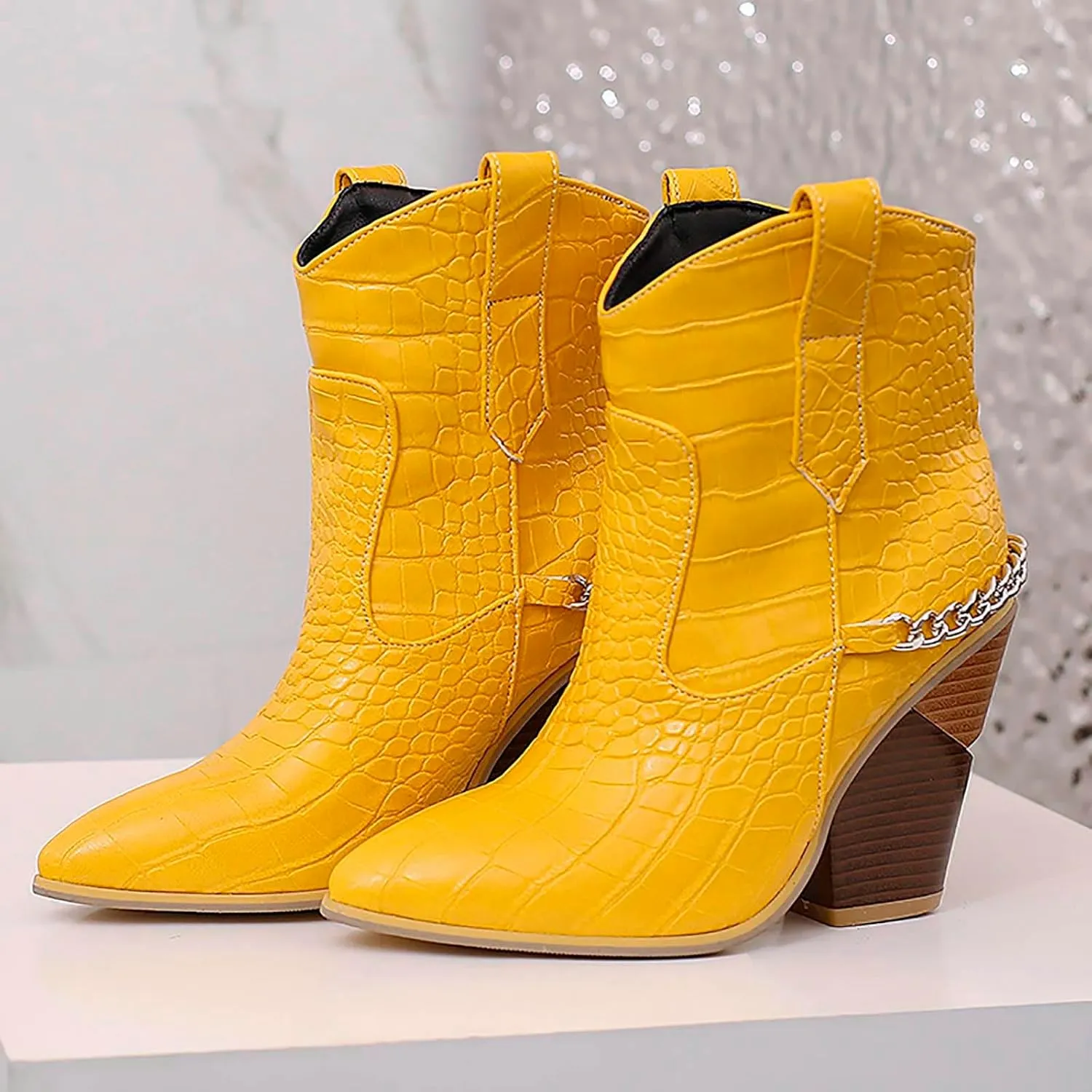 Women's Pointed Toe Ankle Boots Stacked Chunky Block Heel Breathable PU-Leather Booties 2023 Fall Fashion Ladies Slip on Cowboy Western Boots