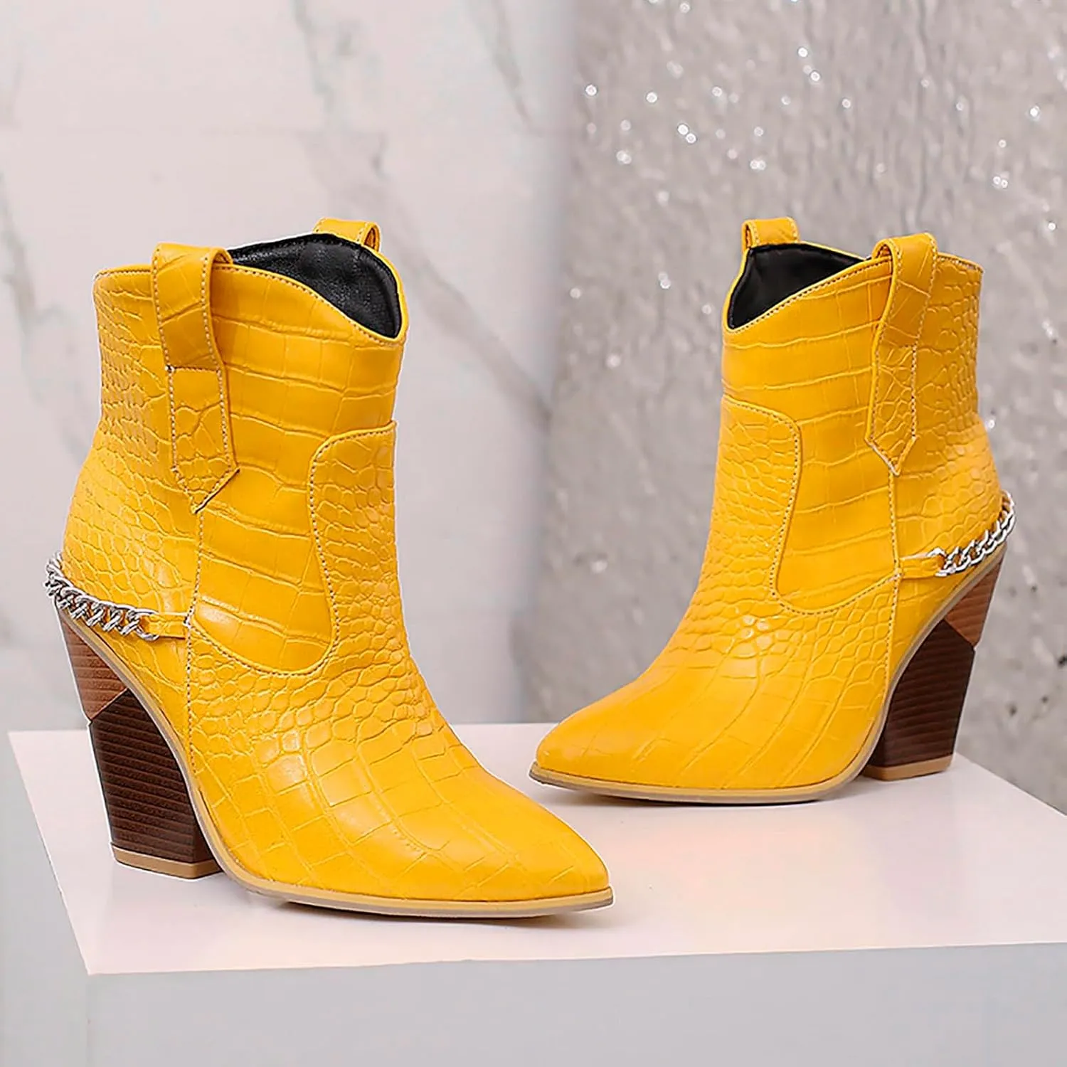 Women's Pointed Toe Ankle Boots Stacked Chunky Block Heel Breathable PU-Leather Booties 2023 Fall Fashion Ladies Slip on Cowboy Western Boots