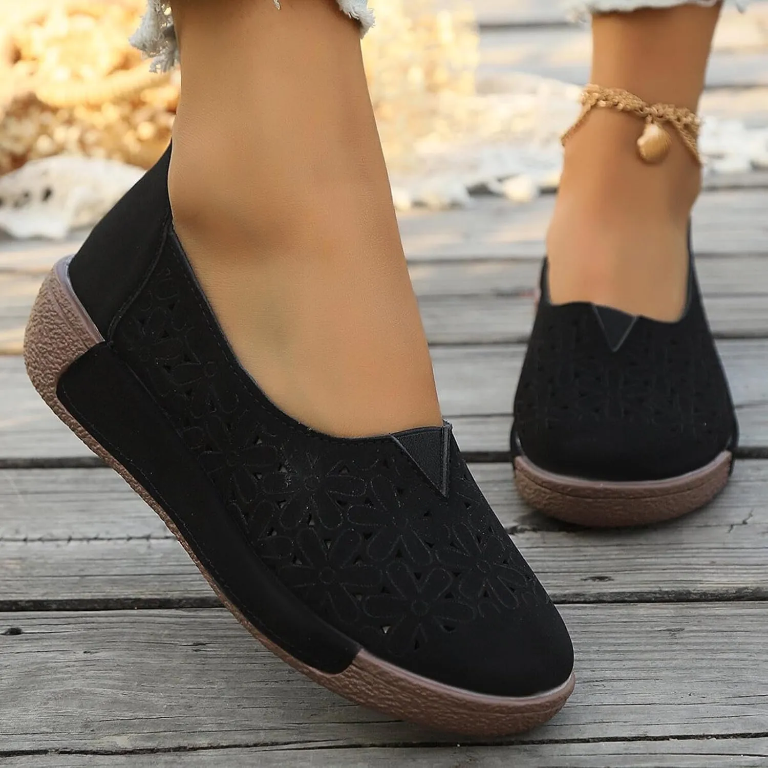 Women's Summer Sandals Large Size Hollow Out Flowers Single Shoes Comfortable One Foot Stirrups Soft Flat Shoes