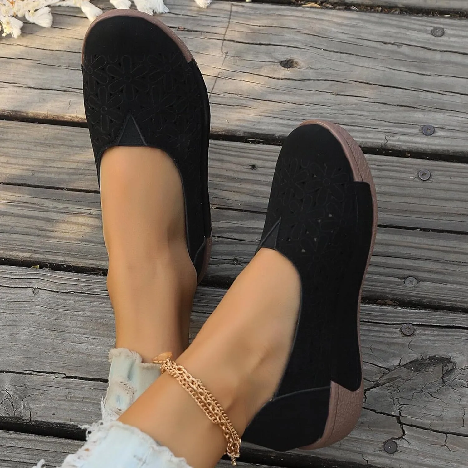 Women's Summer Sandals Large Size Hollow Out Flowers Single Shoes Comfortable One Foot Stirrups Soft Flat Shoes
