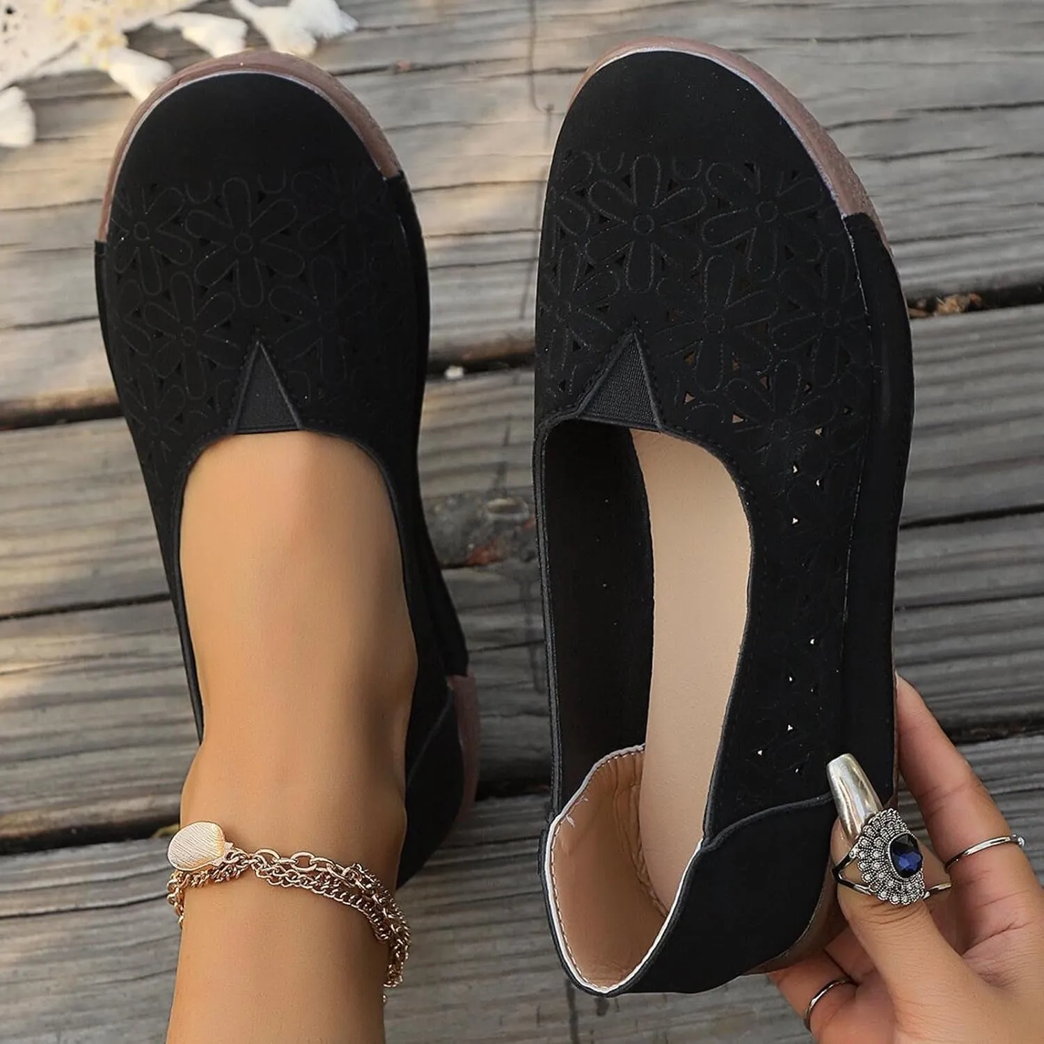 Women's Summer Sandals Large Size Hollow Out Flowers Single Shoes Comfortable One Foot Stirrups Soft Flat Shoes