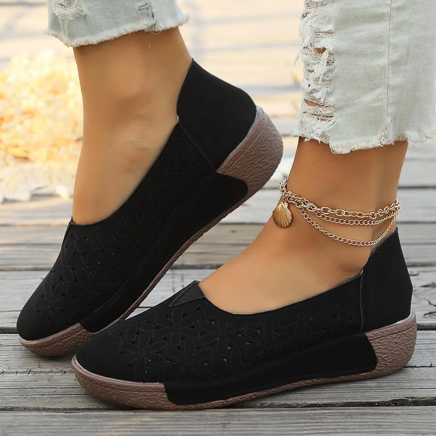 Women's Summer Sandals Large Size Hollow Out Flowers Single Shoes Comfortable One Foot Stirrups Soft Flat Shoes