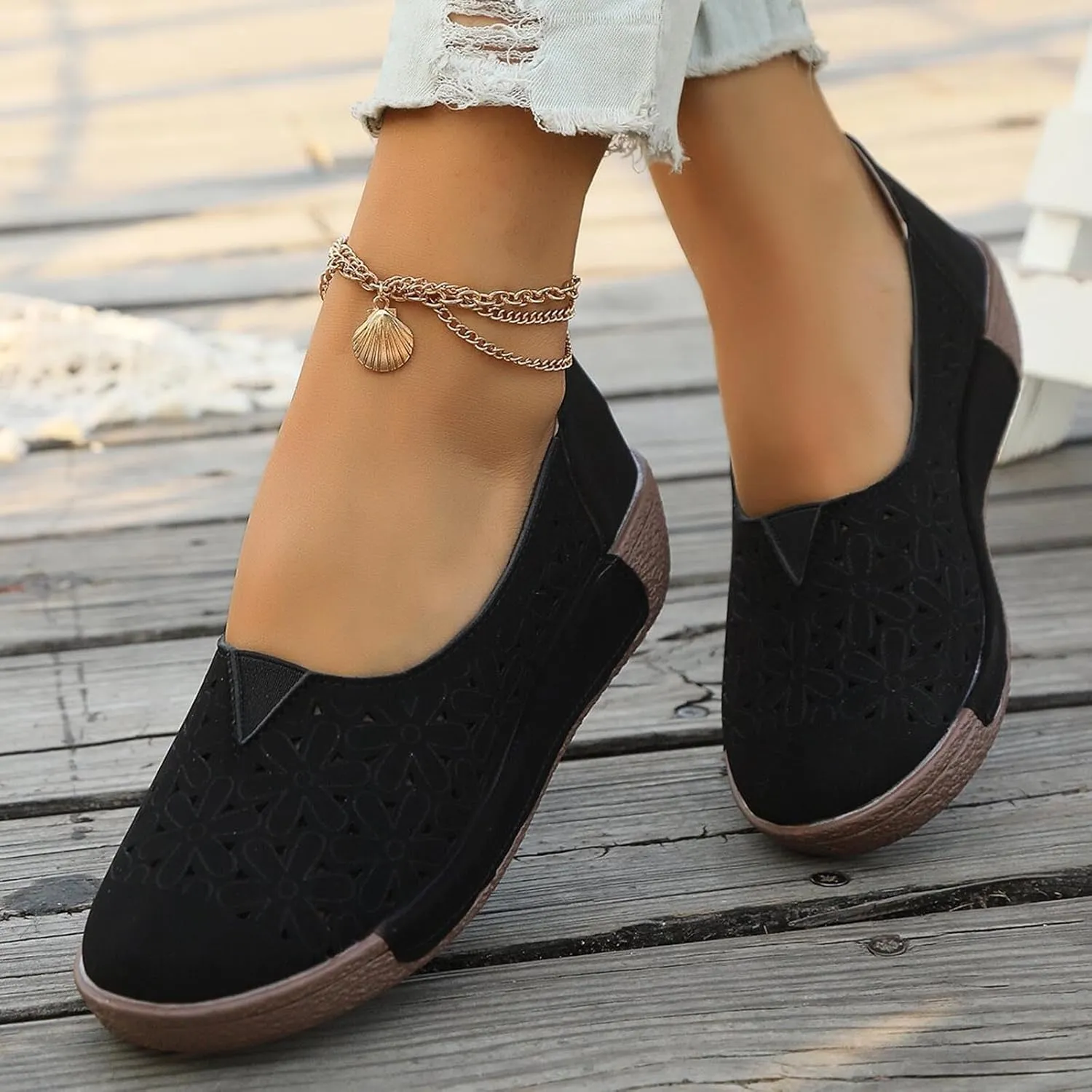 Women's Summer Sandals Large Size Hollow Out Flowers Single Shoes Comfortable One Foot Stirrups Soft Flat Shoes