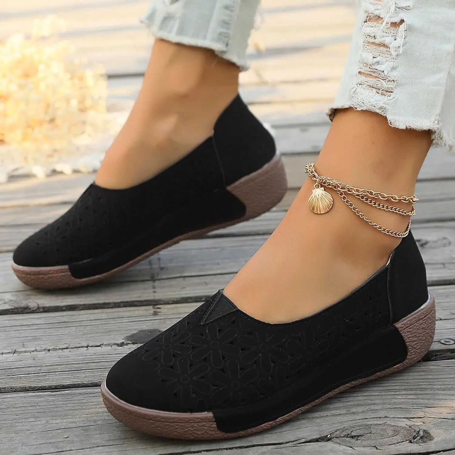 Women's Summer Sandals Large Size Hollow Out Flowers Single Shoes Comfortable One Foot Stirrups Soft Flat Shoes