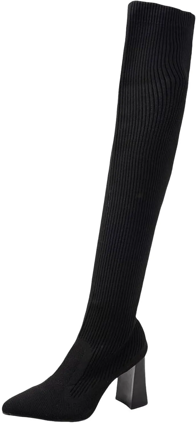 Womenyiaor Women's Thigh High Boots, Platform Over The Knee Boots Chunky Heel Long Stretch Knee High Boots Comfortable Round Toe Fashion Suede Winter Boots