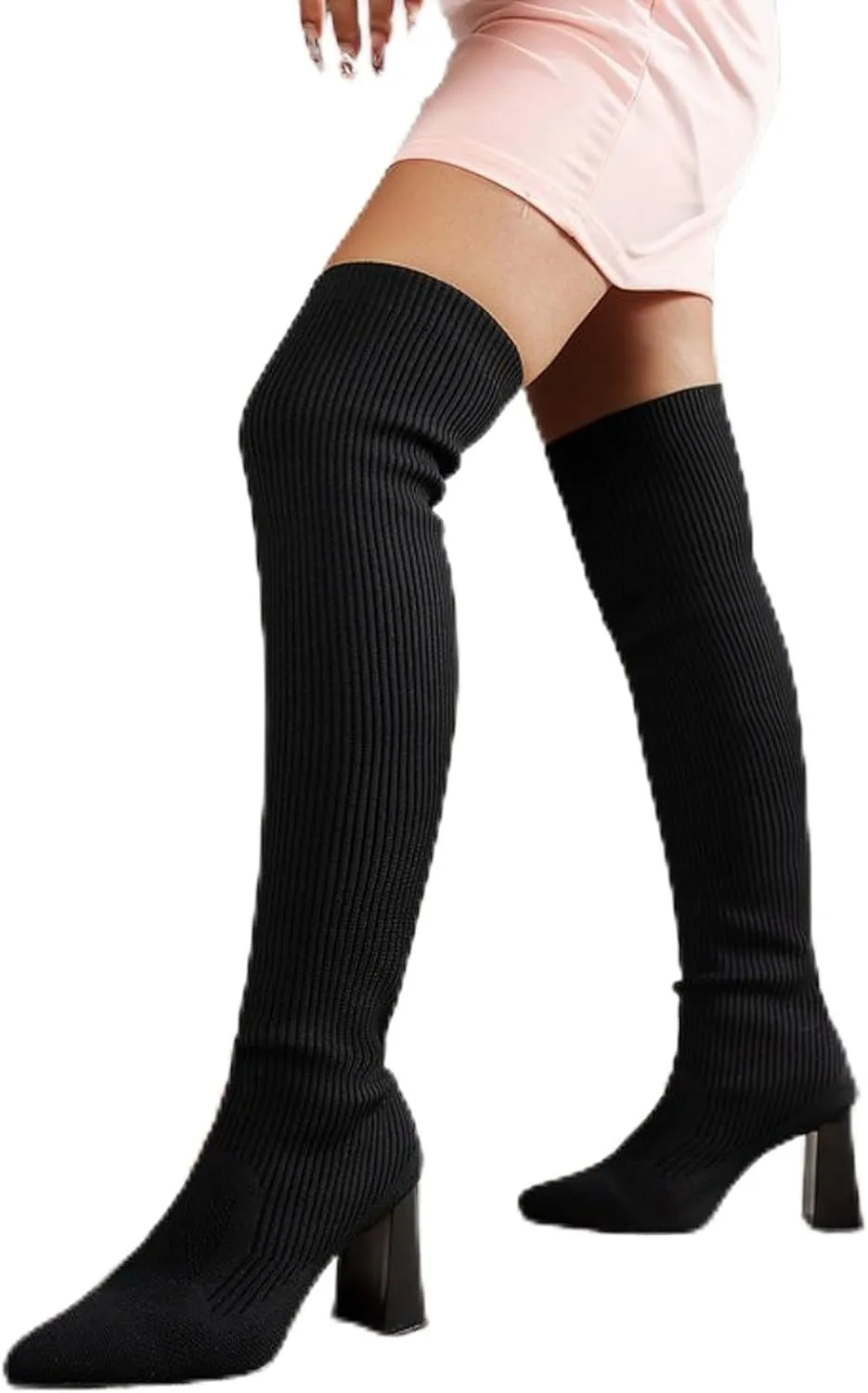 Womenyiaor Women's Thigh High Boots, Platform Over The Knee Boots Chunky Heel Long Stretch Knee High Boots Comfortable Round Toe Fashion Suede Winter Boots